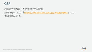 © 2020, Amazon Web Services, Inc. or its Affiliates. All rights reserved.
Q&A
お答えできなかったご質問については
AWS Japan Blog 「https://aw...