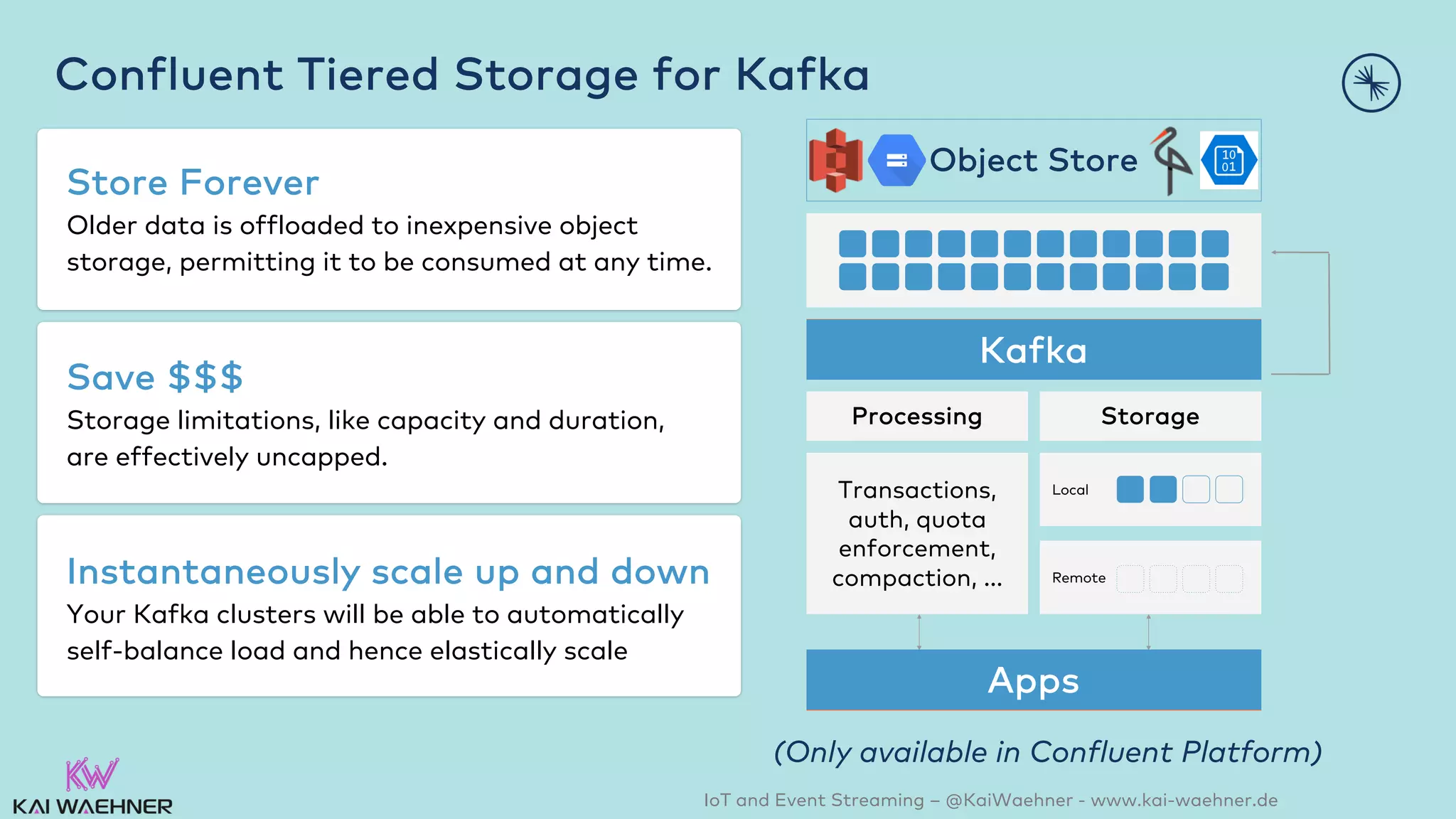 IoT and Event Streaming – @KaiWaehner - www.kai-waehner.de
Confluent Tiered Storage for Kafka
Object Store
Processing Storage
Transactions,
auth, quota
enforcement,
compaction, ...
Local
Remote
Kafka
Apps
Store Forever
Older data is offloaded to inexpensive object
storage, permitting it to be consumed at any time.
Save $$$
Storage limitations, like capacity and duration,
are effectively uncapped.
Instantaneously scale up and down
Your Kafka clusters will be able to automatically
self-balance load and hence elastically scale
(Only available in Confluent Platform)
 