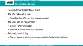 Reactivating a License 1
 Possible for all CmContainer types
 The ISV defines the rules
 How often, how often per time,...