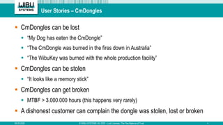 User Stories – CmDongles
 CmDongles can be lost
 “My Dog has eaten the CmDongle”
 “The CmDongle was burned in the fires...