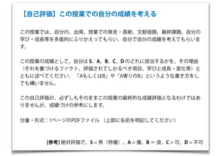 【自己評価】この授業での自分の成績を考える
この授業では、自分の、出席、授業での発言・貢献、文献宿題、最終課題、自分の
学び・成長等を多面的にふりかえってもらい、自分で自分の成績を考えてもらいま
す。
この授業の成績として、自分は S、A、B、C、D のどれに該当するかを、その理由
（それを裏づけるファクト、評価されてしかるべき項目、学びと成長・変化等）と
ともに述べてください。 「AもしくはB」や「A寄りのB」というような書き方をし
ても構いません。
この自己評価が、必ずしもそのままこの授業の最終的な成績評価となるわけではあ
りませんが、成績づけの参考にします。
分量・形式：1ページのPDFファイル （上部に名前を明記してください）
[参考] 絶対評価で、S = 秀（特優）、A = 優、B ＝ 良、C = 可、D = 不可
 