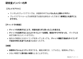 • ランダムのブレイクアウトでは、井庭研の中でもいろんな人と関わりやすい。
• ブレイクアウトルームでは研究室では話が出来なかったであろう新規生とも話すこと
ができた。
• 休憩中にちゃんとリラックスできる。雑談大事だが、リアルだと、結局休んでない。
• 少ない時間でも質の良い休憩をとることができた。
【休憩】
• チャットを利用することで、対話を遮らずに思ったことを言える。
• チャットを活用することによりタイムリーな質問、発言がやりやすかった。 ギャグも含
め打ち解けるコメントができた。
• 他の人の発言に入るタイミングを失ってしまっても、チャット機能で自由なタイミング
で自分の考えを述べられるのは良かったです。
【チャットでの発言】
【ブレイクアウト】
研究室メンバーの声
無記名アンケート
 