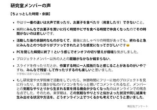 • やはり一番の違いは大声で笑ったり、お菓子を食べたり（用意したり）できないこと。
• 純粋にみんなでお菓子を買いに行く時間やピザを食べる時間で仲良くなったのでその時
間がないのは悲しいです。
• 活動した後の余韻的なものがなくて、最後におしゃべりの時間があっても、終わると急
にみんなとのつながりがブツってきれたような感覚になってさびしいです🥺🥺
• PCを閉じた瞬間に終了！という感じでオンオフの切り替えが極端な気がしました。
• プロジェクトメンバー以外の人との距離がなかなか縮まらない。
• スライドを作ったりだとか、作業する時に一人孤独だなと感じることがあるのがいやで
すね。みんなで残留※して作ったりするのも楽しいと思いました。
※学校に泊まり込んでの活動
• もし研究室や大学院棟で活動をしていたら、休憩時間にフリーに他のプロジェクトを見
に行ったり、また誰かが私のパソコンをちらっと覗いてコメントくれるなど、メンバー
との気軽なやりとりから生まれる質を得る機会が少なくなったのはオンラインでの残念
な点でした。そのため、来学期は、この気軽なやりとりと似かよった状況や同じ結果を
生み出せる状況や方法を、どうオンライン上でつくるかも考えていこうと思いました。
【ちょっとした時間・余韻】
研究室メンバーの声
無記名アンケート
 