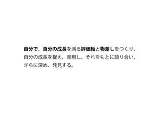 自分で、自分の成長を測る評価軸と物差しをつくり、
自分の成長を捉え、表現し、それをもとに語り合い、
さらに深め、発見する。
 