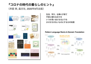 『コロナの時代の暮らしのヒント』
（井庭 崇, 晶文社, 2020年9月出版）
生活、学び、仕事に子育て
不安に揺れる日々を
いつか思い出になるような
かけがえのないものにする32の知恵
Shiori Shibata
Takashi Iba Yuma AkadoAyaka Yoshikawa
Cooking Patterns
A Pattern Language for
Cooking in Everyday Life
Quality of Life
in the situation with COVID-19
Pattern Language Remix & Domain Translation
 