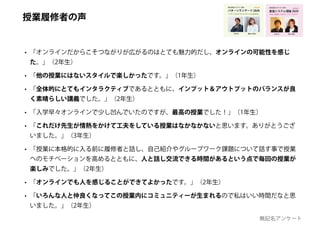 • 「オンラインだからこそつながりが広がるのはとても魅力的だし、オンラインの可能性を感じ
た。」（2年生）
• 「他の授業にはないスタイルで楽しかったです。」（1年生）
• 「全体的にとてもインタラクティブであるとともに、インプット＆アウトプットのバランスが良
く素晴らしい講義でした。」（2年生）
• 「入学早々オンラインで少し凹んでいたのですが、最高の授業でした！」（1年生）
• 「これだけ先生が情熱をかけて工夫をしている授業はなかなかないと思います。ありがとうござ
いました。」（3年生）
• 「授業に本格的に入る前に履修者と話し、自己紹介やグループワーク課題について話す事で授業
へのモチベーションを高めるとともに、人と話し交流できる時間があるという点で毎回の授業が
楽しみでした。」（2年生）
• 「オンラインでも人を感じることができてよかったです。」（2年生）
• 「いろんな人と仲良くなってこの授業内にコミュニティーが生まれるので私はいい時間だなと思
いました。」（2年生）
無記名アンケート
創造システム理論 2020
慶應義塾大学 SFC 授業
ゆるい創造 / カオス /トリックスター
online!
若新 雄純井庭 崇
授業履修者の声
 