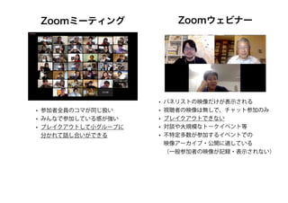 Zoomミーティング Zoomウェビナー
• 参加者全員のコマが同じ扱い
• みんなで参加している感が強い
• ブレイクアウトして小グループに
分かれて話し合いができる
• パネリストの映像だけが表示される
• 視聴者の映像は無しで、チャット参加のみ
• ブレイクアウトできない
• 対談や大規模なトークイベント等
• 不特定多数が参加するイベントでの
映像アーカイブ・公開に適している
（一般参加者の映像が記録・表示されない）
 