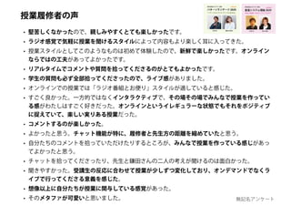 • 堅苦しくなかったので、親しみやすくとても楽しかったです。
• ラジオ感覚で気軽に授業を聞けるスタイルによって内容もより楽しく耳に入ってきた。
• 授業スタイルとしてこのようなものは初めて体験したので、新鮮で楽しかったです。オンライン
ならではの工夫があってよかったです。
• リアルタイムでコメントや質問を拾ってくださるのがとてもよかったです。
• 学生の質問も必ず全部拾ってくださったので、ライブ感がありました。
• オンラインでの授業では「ラジオ番組とお便り」スタイルが適していると感じた。
• すごく良かった。一方的ではなくインタラクティブで、その場その場でみんなで授業を作ってい
る感がわたしはすごく好きだった。オンラインというイレギュラーな状態でもそれをポジティブ
に捉えていて、楽しい実りある授業だった。
• コメントするのが楽しかった。
• よかったと思う。チャット機能が特に、履修者と先生方の距離を縮めていたと思う。
• 自分たちのコメントを拾っていただけたりするところが、みんなで授業を作っている感じがあっ
てよかったと思う。
• チャットを拾ってくださったり、先生と鎌田さんの二人の考えが聞けるのは面白かった。
• 聞きやすかった。受講生の反応に合わせて授業が少しずつ変化しており、オンデマンドでなくラ
イブで行ってくださる意義を感じた。
• 想像以上に自分たちが授業に関与している感覚があった。
• そのメタファが可愛いと思いました。 無記名アンケート
創造システム理論 2020
慶應義塾大学 SFC 授業
ゆるい創造 / カオス /トリックスター
online!
若新 雄純井庭 崇
授業履修者の声
 
