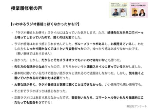 • 「ラジオ番組とお便り」スタイルにはなっていた気がします。ただ、結構先生方が早口でバーっ
と喋ってしまっていたので、聞くのは大変でした。
• ラジオ感覚はあまり感じられませんでした。グループワークがあるし、お顔見えているし、わた
しの方もしっかり聞かなくては！という姿勢だったので、ゆったり感はあまりなかったです。
（悪い意味ではありません）
• 良かった。しかし、だからこそカメラはオフでもいいのではないかとも思った。
• 先生方の会話が少なめだったので、どちらかというと講義スタイルに寄っている気がしました。
• 基本的に聞いているだけで面白い話が次々と流れるので退屈はしなかった。しかし、気を抜くと
置いていかれるので集中力は必要だった。
• 大事な話が多く、ラジオ番組ほど気軽に聴くことはできなかった。いい意味でも悪い意味でも。
• そこまでラジオぽっさは感じなかった。
• 正直ラジオにはあまり思えなかったです。音楽をいれたり、コマーシャルをいれたり徹底的にこ
だわっても面白そうですね！
無記名アンケート
創造システム理論 2020
慶應義塾大学 SFC 授業
ゆるい創造 / カオス /トリックスター
online!
若新 雄純井庭 崇
【いわゆるラジオ番組っぽくなかったかも!?】
授業履修者の声
 