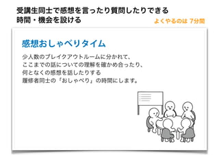 感想おしゃべりタイム
少人数のブレイクアウトルームに分かれて、
ここまでの話についての理解を確かめ合ったり、
何となくの感想を話したりする
履修者同士の「おしゃべり」の時間にします。
受講生同士で感想を言ったり質問したりできる
時間・機会を設ける よくやるのは 7分間
 