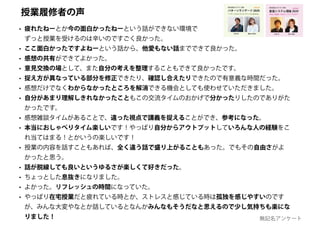 • 疲れたねーとか今の面白かったねーという話ができない環境で
ずっと授業を受けるのは辛いのですごく良かった。
• ここ面白かったですよねーという話から、他愛もない話までできて良かった。
• 感想の共有ができてよかった。
• 意見交換の場として、また自分の考えを整理することもできて良かったです。
• 捉え方が異なっている部分を修正できたり、確認し合えたりできたので有意義な時間だった。
• 感想だけでなくわからなかったところを解消できる機会としても使わせていただきました。
• 自分があまり理解しきれなかったこともこの交流タイムのおかげで分かったりしたのでありがた
かったです。
• 感想雑談タイムがあることで、違った視点で講義を捉えることができ、参考になった。
• 本当におしゃべりタイム楽しいです！やっぱり自分からアウトプットしていろんな人の経験をこ
れ当てはまる！とかいうの楽しいです！
• 授業の内容を話すこともあれば、全く違う話で盛り上がることもあった。でもその自由さがよ
かったと思う。
• 話が脱線しても良いというゆるさが楽しくて好きだった。
• ちょっとした息抜きになりました。
• よかった。リフレッシュの時間になっていた。
• やっぱり在宅授業だと疲れている時とか、ストレスと感じている時は孤独を感じやすいのです
が、みんな大変やなとか話しているとなんかみんなもそうだなと思えるので少し気持ちも楽にな
りました！ 無記名アンケート
創造システム理論 2020
慶應義塾大学 SFC 授業
ゆるい創造 / カオス /トリックスター
online!
若新 雄純井庭 崇
授業履修者の声
 