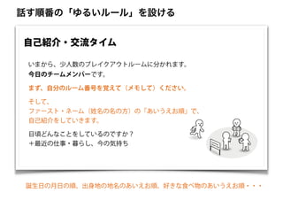 いまから、少人数のブレイクアウトルームに分かれます。
今日のチームメンバーです。
日頃どんなことをしているのですか？
＋最近の仕事・暮らし、今の気持ち
そして、
ファースト・ネーム（姓名の名の方）の「あいうえお順」で、
自己紹介をしていきます。
自己紹介・交流タイム
まず、自分のルーム番号を覚えて（メモして）ください。
話す順番の「ゆるいルール」を設ける
誕生日の月日の順、出身地の地名のあいえお順、好きな食べ物のあいうえお順・・・
 