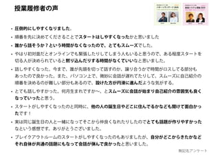 • 圧倒的にしやすくなりました。
• 順番を先に決めてくださることでスタートはしやすくなったかと思いました
• 誰から話そうか？という時間がなくなったので、とてもスムーズでした。
• やはり初対面だとオンラインでも緊張したりしてしまう人もいると思うので、ある程度スタートを
切る人が決められていると黙り込んだりする時間がなくていいなと思いました。
• 話しやすくなった。今まで、誰が先頭を切って話すのか、譲り合うかで時間がロスしてる部分も
あったので良かった。また、パソコン上で、微妙に会話が遅れてたりして、スムーズに自己紹介の
順番を決めるのが難しい部分もあるので、設けた方が円滑に進んだような気がする。
• とても話しやすかった。何月生まれですか～、とスムーズに会話が始まり自己紹介の雰囲気も良く
なっていったと思う。
• スタートがしやすくなったのと同時に、他の人の誕生日やどこに住んでるかなども聞けて面白かっ
たです！
• 実は同じ誕生日の人と一緒になってそこから仲良くなれたりしたのでとても話題が作りやすかった
なという感想です。ありがとうございました。
• ブレイクアウトルームのスタートがしやすくなったのもありましたが、自分がどこからきたかなど
それ自体が共通の話題にもなって会話が弾んで良かったと思いました。
創造システム理論 2020
慶應義塾大学 SFC 授業
ゆるい創造 / カオス /トリックスター
online!
若新 雄純井庭 崇
授業履修者の声
無記名アンケート
 