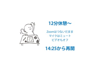 12分休憩～
Zoomはつないだまま
マイクはミュート
ビデオもオフ
14:25から再開
 