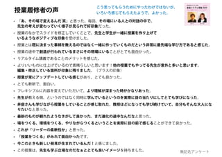 • 「あ、その場で変えるんだ 笑」と思った。毎回、その場にいる人との対話の中で、
先生の考えが変わっていく様子が見られて好印象だった。
• 授業のなかでスライドを修正していくことで、先生と学生が一緒に授業を作り上げて
いるようなポジティブな印象を受けました。
• 授業とは既に決まった事柄を教えるのではなく一緒に作っていくものだという非常に最先端な学び方であると感じた。
• 授業の途中で創造が行われているまさにその現場にいることがとても面白かった。
• リアルタイム講義であることのメリットを感じた。
• よりいいものに仕上げているので素晴らしいと思います！他の授業でもやってる先生が意外と多いと思います。
編集・修正している箇所が印象に残りました。（プラスの印象）
• 授業が常にアップデートしている感じがあり、とても良かった。
• とても斬新で、面白い。
• フレキシブルに内容を変えていただいて、より理解が深まった時がかなりあった。
• 先生が教える側、というのではなく同時に学んでいるというのを実際に目の当たりにしてとても学びになった。
• 井庭さんも学びながら授業をしていることが感じ取れた。教授ほどになっても学び続けていて、自分もそんな大人にな
りたいなと思った。
• 最新のものが観れたようなきがして良かった。まだ進化の途中なんだなと思った。
• 場をつくる、環境をつくる、やりながらつくるということを実際に目の前で感じることができて良かった。
• これが「リーダーの柔軟性か」と思った。
• 「授業をつくる」がみれて面白かったです。
• 今このときも新しい発見が生まれているんだ！と感じました。
• この授業は、先生も学ぶ立場なのだなぁととても良いイメージを持ちました。
創造システム理論 2020
慶應義塾大学 SFC 授業
ゆるい創造 / カオス /トリックスター
online!
若新 雄純井庭 崇
授業履修者の声
無記名アンケート
こう思ってもらうためにやったわけではないが、
いろいろ感じてもらえたようで、よかった。
 