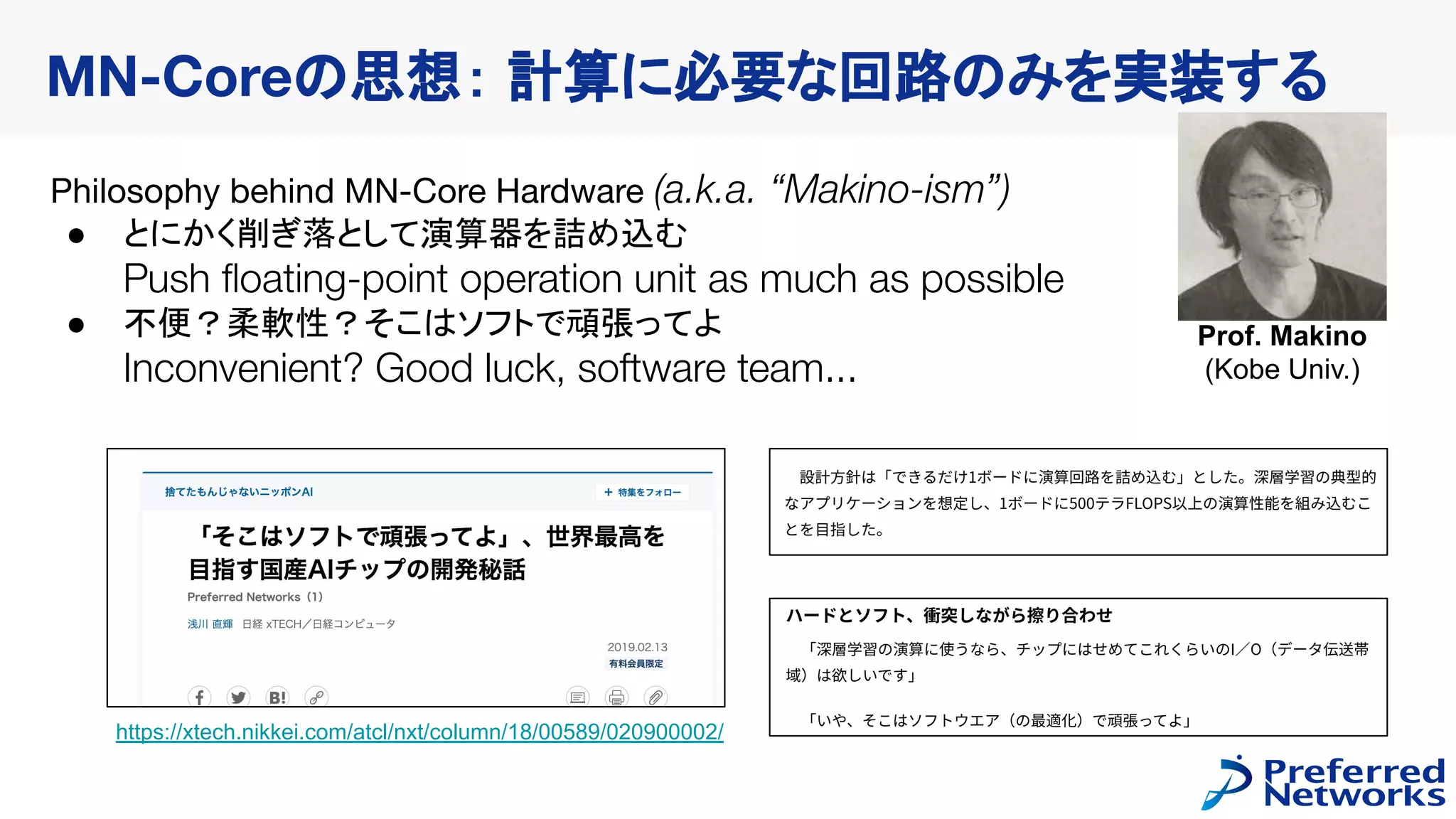 Philosophy behind MN-Core Hardware (a.k.a. “Makino-ism”)
● とにかく削ぎ落として演算器を詰め込む
Push ﬂoating-point operation unit as much as possible
● 不便？柔軟性？そこはソフトで頑張ってよ
Inconvenient? Good luck, software team...
https://xtech.nikkei.com/atcl/nxt/column/18/00589/020900002/
Prof. Makino
(Kobe Univ.)
MN-Coreの思想： 計算に必要な回路のみを実装する
 