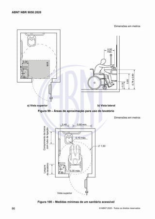 Dimensões em metros
0,50
máx.
≥
0,30
0,65
0,78
a
0,80
0,12
0,30
0,30
M.R.
	 a) Vista superior	 b) Vista lateral
Figura 99 – Áreas de aproximação para uso do lavatório
Dimensões em metros
0,10 máx.
0,30 máx.
∅ 1,50
0,80 mín.
0,40
Comprimento
da
bacia
com
tubo
de
ligação
Largura
do
lavatório
Vista superior
Figura 100 – Medidas mínimas de um sanitário acessível
86
ABNT NBR 9050:2020
© ABNT 2020 - Todos os direitos reservados
 