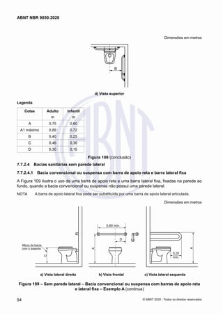 Dimensões em metros
B
d) Vista superior
Legenda
Cotas Adulto
m
Infantil
m
A 0,75 0,60
A1 máximo 0,89 0,72
B 0,40 0,25
C 0,46 0,36
D 0,30 0,15
Figura 108 (conclusão)
7.7.2.4	 Bacias sanitárias sem parede lateral
7.7.2.4.1	 Bacia convencional ou suspensa com barra de apoio reta e barra lateral fixa
A Figura 109 ilustra o uso de uma barra de apoio reta e uma barra lateral fixa, fixadas na parede ao
fundo, quando a bacia convencional ou suspensa não possui uma parede lateral.
NOTA	 A barra de apoio lateral fixa pode ser substituída por uma barra de apoio lateral articulada.
Dimensões em metros
0,20
mín.
A
0,80 mín.
A
D
C
Altura da bacia
com o assento
a) Vista lateral direita b) Vista frontal c) Vista lateral esquerda
Figura 109 – Sem parede lateral – Bacia convencional ou suspensa com barras de apoio reta
e lateral fixa – Exemplo A (continua)
94
ABNT NBR 9050:2020
© ABNT 2020 - Todos os direitos reservados
 