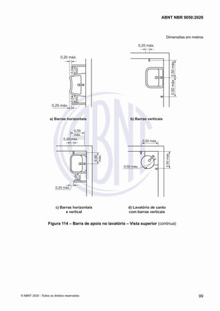 Dimensões em metros
0,20 máx.
0,20 máx.
0,50
máx.
0,50
máx.
0,20 máx.
a) Barras horizontais b) Barras verticais
0,04
mín.
0,04
mín.
c) Barras horizontais
e vertical
d) Lavatório de canto
com barras verticais
0,50
máx.
0,20 máx.
0,20 máx.
0,50 máx.
0,50
máx.
0,04
mín.
0,50 máx.
0,50
máx.
Figura 114 – Barra de apoio no lavatório – Vista superior (continua)
99
ABNT NBR 9050:2020
© ABNT 2020 - Todos os direitos reservados
 