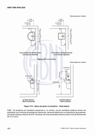 Dimensões em metros
e) Lavatório de semiencaixe
com barras verticais
f) Lavatório de semiencaixe
com barras verticais
0,50
máx.
0,20 máx.
0,50
máx.
0,20 máx.
0,50
máx.
0,50
máx.
0,50
máx.
0,50
máx.
Figura 114 (conclusão)
Dimensões em metros
0,04 mín.
0,20 máx.
0,20 máx.
a) Vista lateral –
Barra horizontal
b) Vista lateral –
Barra vertical
0,40
mín.
0,90
0,78
a
0,80
Figura 115 – Barra de apoio no lavatório – Vista lateral
7.8.2	 Os lavatórios em sanitários acessíveis e, no mínimo, um em sanitários coletivos devem ser
equipados com torneiras acionadas por alavancas, sensores eletrônicos ou dispositivos equivalentes,
que exijam esforço máximo de 23 N. Torneiras com ciclo automático devem possuir ciclo de fechamento
de 10 s a 20 s.
100
ABNT NBR 9050:2020
© ABNT 2020 - Todos os direitos reservados
 