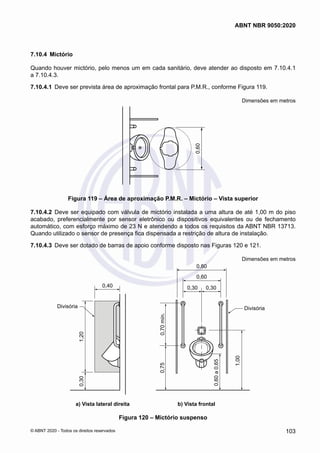 7.10.4	 Mictório
Quando houver mictório, pelo menos um em cada sanitário, deve atender ao disposto em 7.10.4.1
a 7.10.4.3.
7.10.4.1	 Deve ser prevista área de aproximação frontal para P.M.R., conforme Figura 119.
Dimensões em metros
0,60
Figura 119 – Área de aproximação P.M.R. – Mictório – Vista superior
7.10.4.2	 Deve ser equipado com válvula de mictório instalada a uma altura de até 1,00 m do piso
acabado, preferencialmente por sensor eletrônico ou dispositivos equivalentes ou de fechamento
automático, com esforço máximo de 23 N e atendendo a todos os requisitos da ABNT NBR 13713.
Quando utilizado o sensor de presença fica dispensada a restrição de altura de instalação.
7.10.4.3	 Deve ser dotado de barras de apoio conforme disposto nas Figuras 120 e 121.
Dimensões em metros
0,80
0,60
0,30 0,30
0,40
1,20
0,30
0,70
mín.
0,75
0,60
a
0,65
1,00
Divisória
Divisória
a) Vista lateral direita b) Vista frontal
Figura 120 – Mictório suspenso
103
ABNT NBR 9050:2020
© ABNT 2020 - Todos os direitos reservados
 