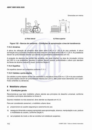 Dimensões em metros
0,45
mín.
mín.
0,30
mín.
0,30
0,46
0,80
1,20
0,70 mín.
a) Vista lateral b) Vista superior
Figura 132 – Bancos de vestiários – Condições de aproximação e área de transferencia
7.14.3	 Armários
A altura de utilização de armários deve estar entre 0,40 m e 1,20 m do piso acabado. A altura
de fixação dos puxadores e fechaduras deve estar em uma faixa entre 0,80 m e 1,20 m. As prateleiras
devem ter profundidade máxima que atenda aos parâmetros estabelecidos em 4.6.
A projeção de abertura das portas dos armários não pode interferir na área de circulação mínima
de 0,90 m e as prateleiras, gavetas e cabides devem possuir profundidade e altura que atendam
às faixas de alcance manual e visual, conforme Seção 4.
7.14.4	 Espelhos
Os espelhos devem ser instalados conforme 7.11.1.
7.14.5	 Cabides e porta-objetos
Os cabides e porta-objetos devem ser instalados a uma altura entre 0,80 m a 1,20 m do piso acabado.
Os porta-objetos devem ter profundidade máxima de 0,25 m. Não pode haver elementos com super-
fícies cortantes ou abrasivas.
8	 Mobiliário urbano
8.1	 Condições gerais
Recomenda-se que todo mobiliário urbano atenda aos princípios do desenho universal, conforme
conceitos e princípios abordados no Anexo A.
Quando instalado na rota acessível, deve atender ao disposto em 4.3.3.
Para ser considerado acessível, o mobiliário urbano deve:
 a)	 proporcionar ao usuário segurança e autonomia de uso;
 b)	 assegurar dimensão e espaço apropriado para aproximação, alcance, manipulação e uso, postura
e mobilidade do usuário, conforme Seção 4;
 c)	 ser projetado de modo a não se constituir em obstáculo suspenso;
112
ABNT NBR 9050:2020
© ABNT 2020 - Todos os direitos reservados
 