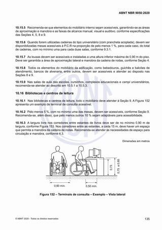 10.15.5	 Recomenda-se que elementos do mobiliário interno sejam acessíveis, garantindo-se as áreas
de aproximação e manobra e as faixas de alcance manual, visual e auditivo, conforme especificações
das Seções 4, 5, 8 e 9.
10.15.6	 Quando forem utilizadas cadeiras do tipo universitário (com prancheta acoplada), devem ser
disponibilizadas mesas acessíveis à P.C.R na proporção de pelo menos 1 %, para cada caso, do total
de cadeiras, com no mínimo uma para cada duas salas, conforme 9.3.1.
10.15.7	 As lousas devem ser acessíveis e instaladas a uma altura inferior máxima de 0,90 m do piso.
Deve ser garantida a área de aproximação lateral e manobra da cadeira de rodas, conforme Seção 4.
10.15.8	 Todos os elementos do mobiliário da edificação, como bebedouros, guichês e balcões de
atendimento, bancos de alvenaria, entre outros, devem ser acessíveis e atender ao disposto nas
Seções 8 e 9.
10.15.9	 Nas salas de aula das escolas, cursinhos, complexos educacionais e campi universitários,
recomenda-se atender ao descrito em 10.5.1 a 10.5.3.
10.16	 Bibliotecas e centros de leitura
10.16.1	 Nas bibliotecas e centros de leitura, todo o mobiliário deve atender à Seção 9. A Figura 152
apresenta um exemplo de terminal de consulta acessível.
10.16.2	 Pelo menos 5 %, com no mínimo uma das mesas, devem ser acessíveis, conforme Seção 9.
Recomenda-se, além disso, que pelo menos outros 10 % sejam adaptáveis para acessibilidade.
10.16.3	 A largura livre nos corredores entre estantes de livros deve ser de no mínimo 0,90 m de
largura, conforme Figura 153. Nos corredores entre as estantes, a cada 15 m, deve haver um espaço
que permita a manobra da cadeira de rodas. Recomenda-se atender às necessidades de espaço para
circulação e manobra, conforme 4.3.
Dimensões em metros
0,90 mín.
0,75
a
0,85
0,73
0,50 mín.
Figura 152 – Terminais de consulta – Exemplo – Vista lateral
135
ABNT NBR 9050:2020
© ABNT 2020 - Todos os direitos reservados
 