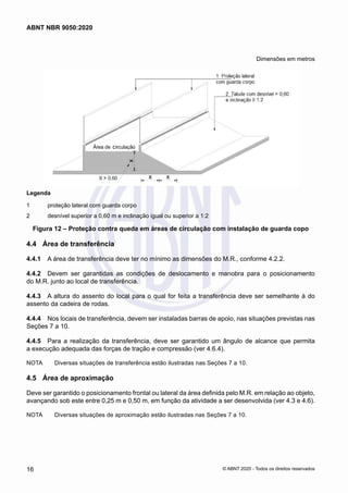 Dimensões em metros
Legenda
1 	 proteção lateral com guarda corpo
2 	 desnível superior a 0,60 m e inclinação igual ou superior a 1:2
Figura 12 – Proteção contra queda em áreas de circulação com instalação de guarda copo
4.4	 Área de transferência
4.4.1	 A área de transferência deve ter no mínimo as dimensões do M.R., conforme 4.2.2.
4.4.2	 Devem ser garantidas as condições de deslocamento e manobra para o posicionamento
do M.R. junto ao local de transferência.
4.4.3	 A altura do assento do local para o qual for feita a transferência deve ser semelhante à do
assento da cadeira de rodas.
4.4.4	 Nos locais de transferência, devem ser instaladas barras de apoio, nas situações previstas nas
Seções 7 a 10.
4.4.5	 Para a realização da transferência, deve ser garantido um ângulo de alcance que permita
a execução adequada das forças de tração e compressão (ver 4.6.4).
NOTA	 Diversas situações de transferência estão ilustradas nas Seções 7 a 10.
4.5	 Área de aproximação
Deve ser garantido o posicionamento frontal ou lateral da área definida pelo M.R. em relação ao objeto,
avançando sob este entre 0,25 m e 0,50 m, em função da atividade a ser desenvolvida (ver 4.3 e 4.6).
NOTA	 Diversas situações de aproximação estão ilustradas nas Seções 7 a 10.
16
ABNT NBR 9050:2020
© ABNT 2020 - Todos os direitos reservados
 