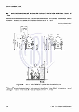 4.6.2	 Aplicação das dimensões referenciais para alcance lateral de pessoa em cadeira de
rodas
A Figura 16 apresenta as aplicações das relações entre altura e profundidade para alcance manual
lateral para pessoas em cadeiras de rodas sem deslocamento do tronco.
Dimensões em metros
30°
3
0
°
3
0
°
3
0
°
0,50 a 0,55
0,43 a 0,48
0,25 a 0,28
1,35
a
1,40
1,10
a
1,25
0,85
a
1,00
0,86
máx.
1,20
máx.
0,25 máx.
0,60
a
0,75
0,45
a
0,60
0,40
a
0,55
1,15
0,90
0,60
0,40
0,35
0,43
0,33
0,25
Figura 16 – Alcance manual lateral sem deslocamente do tronco
A Figura 17 apresenta as aplicações das relações entre altura e profundidade para alcance manual
lateral para pessoas em cadeiras de rodas com deslocamento do tronco.
20
ABNT NBR 9050:2020
© ABNT 2020 - Todos os direitos reservados
 