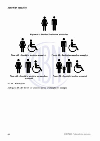 Figura 46 – Sanitário feminino e masculino
Figura 47 – Sanitário feminino acessível Figura 48 – Sanitário masculino acessível
Figura 49 – Sanitário feminino e masculino
acessível
Figura 50 – Sanitário familiar acessível
5.3.5.4	 Circulação
As Figuras 51 a 57 devem ser utilizadas para a sinalização dos espaços.
44
ABNT NBR 9050:2020
© ABNT 2020 - Todos os direitos reservados
 