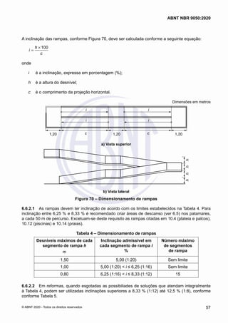 A inclinação das rampas, conforme Figura 70, deve ser calculada conforme a seguinte equação:
100
h
i
c
×
=
onde
i	 é a inclinação, expressa em porcentagem (%);
h	 é a altura do desnível;
c	 é o comprimento da projeção horizontal.
Dimensões em metros
1,20 1,20
1,20
c
i
i
c
i
i
a) Vista superior
a) Vista superior
h
h
h
h
b) Vista lateral
b) Vista lateral
Figura 70 – Dimensionamento de rampas
6.6.2.1	 As rampas devem ter inclinação de acordo com os limites estabelecidos na Tabela 4. Para
inclinação entre 6,25 % e 8,33 % é recomendado criar áreas de descanso (ver 6.5) nos patamares,
a cada 50 m de percurso. Excetuam-se deste requisito as rampas citadas em 10.4 (plateia e palcos),
10.12 (piscinas) e 10.14 (praias).
Tabela 4 – Dimensionamento de rampas
Desníveis máximos de cada
segmento de rampa h
m
Inclinação admissível em
cada segmento de rampa i
%
Número máximo
de segmentos
de rampa
1,50 5,00 (1:20) Sem limite
1,00 5,00 (1:20) < i ≤ 6,25 (1:16) Sem limite
0,80 6,25 (1:16) < i ≤ 8,33 (1:12) 15
6.6.2.2	 Em reformas, quando esgotadas as possibiliades de soluções que atendam integralmente
à Tabela 4, podem ser utilizadas inclinações superiores a 8,33 % (1:12) até 12,5 % (1:8), conforme
conforme Tabela 5.
57
ABNT NBR 9050:2020
© ABNT 2020 - Todos os direitos reservados
 