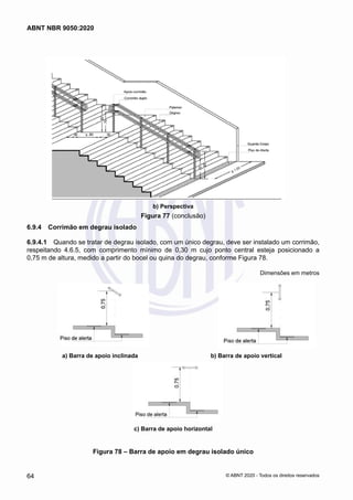 b) Perspectiva
Figura 77 (conclusão)
6.9.4	 Corrimão em degrau isolado
6.9.4.1	 Quando se tratar de degrau isolado, com um único degrau, deve ser instalado um corrimão,
respeitando 4.6.5, com comprimento mínimo de 0,30 m cujo ponto central esteja posicionado a
0,75 m de altura, medido a partir do bocel ou quina do degrau, conforme Figura 78.
Dimensões em metros
a) Barra de apoio inclinada b) Barra de apoio vertical
c) Barra de apoio horizontal
Figura 78 – Barra de apoio em degrau isolado único
64
ABNT NBR 9050:2020
© ABNT 2020 - Todos os direitos reservados
 