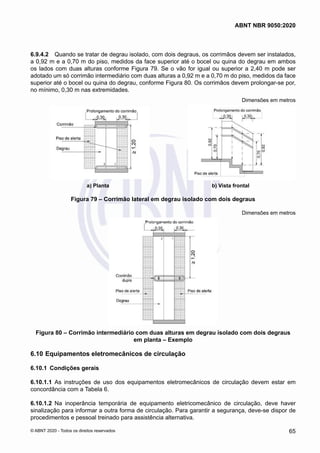 6.9.4.2	 Quando se tratar de degrau isolado, com dois degraus, os corrimãos devem ser instalados,
a 0,92 m e a 0,70 m do piso, medidos da face superior até o bocel ou quina do degrau em ambos
os lados com duas alturas conforme Figura 79. Se o vão for igual ou superior a 2,40 m pode ser
adotado um só corrimão intermediário com duas alturas a 0,92 m e a 0,70 m do piso, medidos da face
superior até o bocel ou quina do degrau, conforme Figura 80. Os corrimãos devem prolongar-se por,
no mínimo, 0,30 m nas extremidades.
Dimensões em metros
a) Planta b) Vista frontal
Figura 79 – Corrimão lateral em degrau isolado com dois degraus
Dimensões em metros
Figura 80 – Corrimão intermediário com duas alturas em degrau isolado com dois degraus
em planta – Exemplo
6.10	Equipamentos eletromecânicos de circulação
6.10.1	 Condições gerais
6.10.1.1	 As instruções de uso dos equipamentos eletromecânicos de circulação devem estar em
concordância com a Tabela 6.
6.10.1.2	 Na inoperância temporária de equipamento eletricomecânico de circulação, deve haver
sinalização para informar a outra forma de circulação. Para garantir a segurança, deve-se dispor de
procedimentos e pessoal treinado para assistência alternativa.
65
ABNT NBR 9050:2020
© ABNT 2020 - Todos os direitos reservados
 