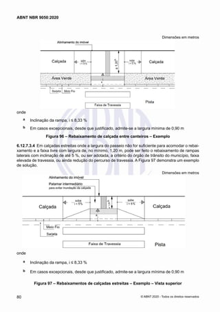 Dimensões em metros
onde
a	 Inclinação da rampa, i ≤ 8,33 %
b	 Em casos excepcionais, desde que justificado, admite-se a largura mínima de 0,90 m
Figura 96 – Rebaixamento de calçada entre canteiros – Exemplo
6.12.7.3.4	 Em calçadas estreitas onde a largura do passeio não for suficiente para acomodar o rebai-
xamento e a faixa livre com largura de, no mínimo, 1,20 m, pode ser feito o rebaixamento de rampas
laterais com inclinação de até 5 %, ou ser adotada, a critério do órgão de trânsito do município, faixa
elevada de travessia, ou ainda redução do percurso de travessia. A Figura 97 demonstra um exemplo
de solução.
Dimensões em metros
onde
a	 Inclinação da rampa, i ≤ 8,33 %
b	 Em casos excepcionais, desde que justificado, admite-se a largura mínima de 0,90 m
Figura 97 – Rebaixamentos de calçadas estreitas – Exemplo – Vista superior
80
ABNT NBR 9050:2020
© ABNT 2020 - Todos os direitos reservados
 