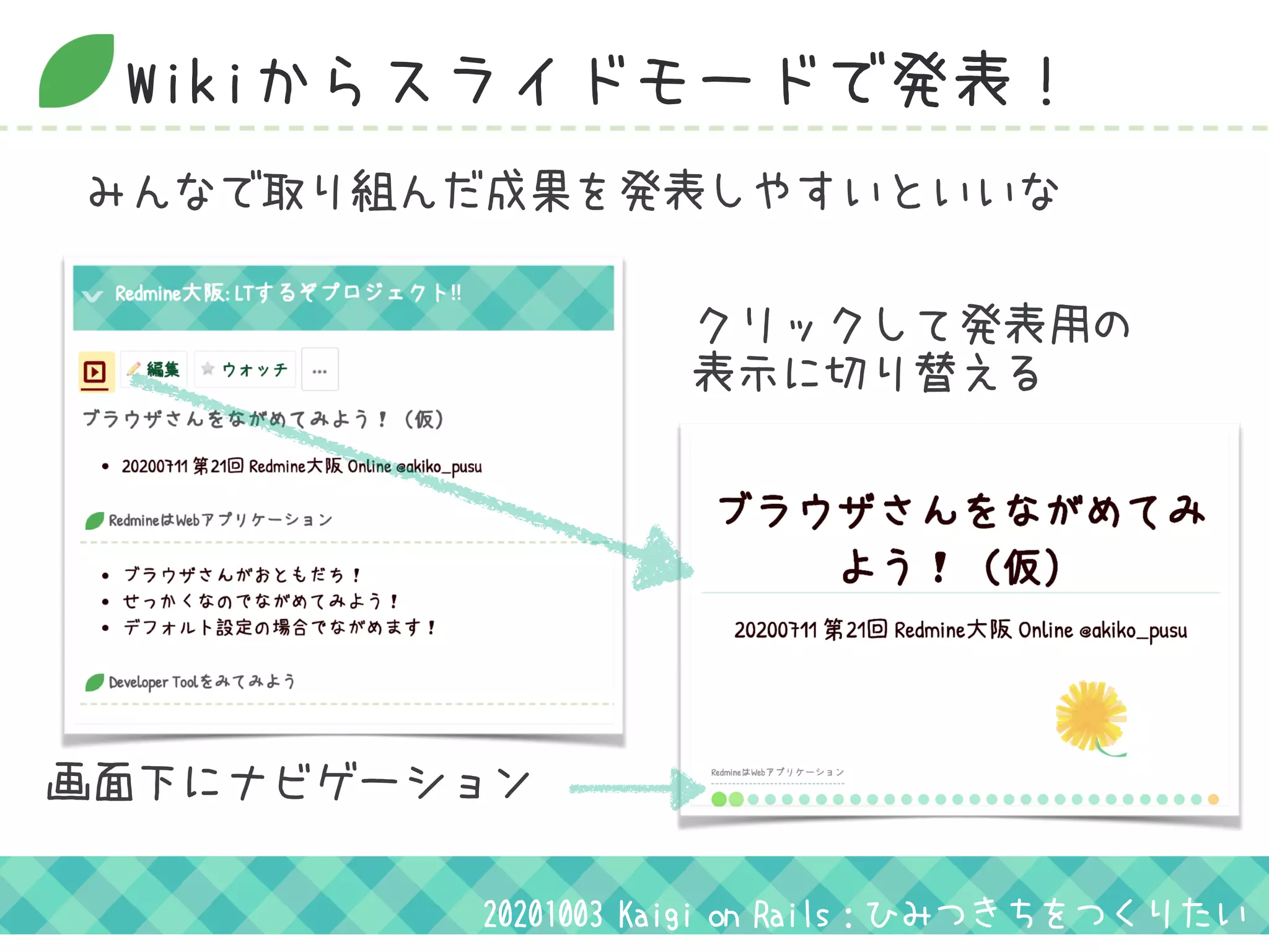 Wikiからスライドモードで発表！
20201003 Kaigi on Rails：ひみつきちをつくりたい
みんなで取り組んだ成果を発表しやすいといいな
クリックして発表用の
表示に切り替える
画面下にナビゲーション
 