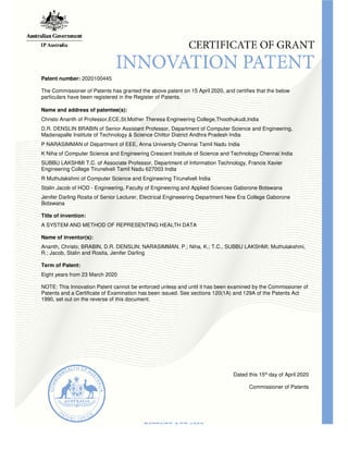 Patent number: 2020100445
The Commissioner of Patents has granted the above patent on 15 April 2020, and certifies that the below
particulars have been registered in the Register of Patents.
Name and address of patentee(s):
Christo Ananth of Professor,ECE,St.Mother Theresa Engineering College,Thoothukudi,India
D.R. DENSLIN BRABIN of Senior Assistant Professor, Department of Computer Science and Engineering,
Madanapalle Institute of Technology & Science Chittor District Andhra Pradesh
P NARASIMMAN of Department of EEE, Anna University Chennai Tamil Nadu
K Niha of Computer Science and Engineering Crescent Institute of Science and Technology Chennai India
SUBBU LAKSHMI T.C. of Associate Professor, Department of Information Technology,
Engineering College Tirunelveli Tamil Nadu 627003 India
R Muthulakshmi of Computer Science and Engineering Tirunelveli India
Stalin Jacob of HOD - Engineering, Faculty of Engineering and Applied Sciences Gaborone Botswana
Jenifer Darling Rosita of Senior Lecturer, Electrical Engineeering Department New Era College Gaborone
Botswana
Title of invention:
A SYSTEM AND METHOD OF REPRESENTING HEALTH DATA
Name of inventor(s):
Ananth, Christo; BRABIN, D.R. DENSLIN; NARASIMMAN, P.; Niha
R.; Jacob, Stalin and Rosita, Jenifer Darling
Term of Patent:
Eight years from 23 March 2020
NOTE: This Innovation Patent cannot be enforced unless and until it has been examined by the Commissioner of
Patents and a Certificate of Examination has been issued. See sections 120(1A) and 129A of the Patents Act
1990, set out on the reverse of this document.
The Commissioner of Patents has granted the above patent on 15 April 2020, and certifies that the below
particulars have been registered in the Register of Patents.
Professor,ECE,St.Mother Theresa Engineering College,Thoothukudi,India
D.R. DENSLIN BRABIN of Senior Assistant Professor, Department of Computer Science and Engineering,
Madanapalle Institute of Technology & Science Chittor District Andhra Pradesh India
ARASIMMAN of Department of EEE, Anna University Chennai Tamil Nadu India
K Niha of Computer Science and Engineering Crescent Institute of Science and Technology Chennai India
SUBBU LAKSHMI T.C. of Associate Professor, Department of Information Technology, Francis Xavier
Engineering College Tirunelveli Tamil Nadu 627003 India
R Muthulakshmi of Computer Science and Engineering Tirunelveli India
Engineering, Faculty of Engineering and Applied Sciences Gaborone Botswana
ita of Senior Lecturer, Electrical Engineeering Department New Era College Gaborone
A SYSTEM AND METHOD OF REPRESENTING HEALTH DATA
Ananth, Christo; BRABIN, D.R. DENSLIN; NARASIMMAN, P.; Niha, K.; T.C., SUBBU LAKSHMI; Muthulakshmi,
R.; Jacob, Stalin and Rosita, Jenifer Darling
NOTE: This Innovation Patent cannot be enforced unless and until it has been examined by the Commissioner of
a Certificate of Examination has been issued. See sections 120(1A) and 129A of the Patents Act
1990, set out on the reverse of this document.
Dated this 15
Commissioner of Patents
The Commissioner of Patents has granted the above patent on 15 April 2020, and certifies that the below
D.R. DENSLIN BRABIN of Senior Assistant Professor, Department of Computer Science and Engineering,
K Niha of Computer Science and Engineering Crescent Institute of Science and Technology Chennai India
Francis Xavier
Engineering, Faculty of Engineering and Applied Sciences Gaborone Botswana
ita of Senior Lecturer, Electrical Engineeering Department New Era College Gaborone
, K.; T.C., SUBBU LAKSHMI; Muthulakshmi,
NOTE: This Innovation Patent cannot be enforced unless and until it has been examined by the Commissioner of
a Certificate of Examination has been issued. See sections 120(1A) and 129A of the Patents Act
Dated this 15th day of April 2020
Commissioner of Patents
 