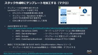 © 2020, Amazon Web Services, Inc. or its Affiliates. All rights reserved.
スタック作成時にテンプレートを加工する（マクロ）
• テンプレートの記述量を減らすため
Lambdaでテンプレートを加工する
• CFnスタック作成処理実行前に処理
• テンプレートに Transform を指定して
どのマクロを使用するか宣言する
• CDKと異なりCFnの中の機能として実現
• AWSが提供するマクロ
https://docs.aws.amazon.com/ja_jp/AWSCloudFormation/latest/UserGuide/transform-section-structure.html
• AWS::Serverless (SAM) - サーバーレスアプリケーション用の簡素化記述
• AWS::SecretsManager - シークレットローテーション用Lambdaを指定
• AWS::Include - テンプレートに定型コンテンツを挿入する
• AWS::CodeDeployBlueGreen - ECSのBlue/Greenデプロイ定義用
• 独自にマクロを定義できるのが AWS::CloudFormation::Macro リソース
• テンプレートを加工するLambda関数をユーザ自身が開発・デプロイする
https://docs.aws.amazon.com/ja_jp/AWSCloudFormation/latest/UserGuide/template-macros.html
 