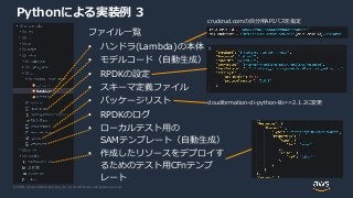 © 2020, Amazon Web Services, Inc. or its Affiliates. All rights reserved.
Pythonによる実装例 3
crudcrud.comの自分用APIパスを指定
cloudformation-cli-python-lib==2.1.2に変更
ファイル一覧
• ハンドラ(Lambda)の本体
• モデルコード（自動生成）
• RPDKの設定
• スキーマ定義ファイル
• パッケージリスト
• RPDKのログ
• ローカルテスト用の
SAMテンプレート（自動生成）
• 作成したリソースをデプロイす
るためのテスト用CFnテンプ
レート
 