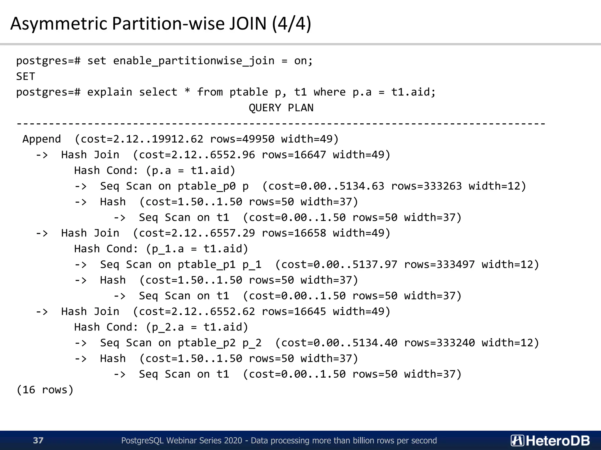 Asymmetric Partition-wise JOIN (4/4)
postgres=# set enable_partitionwise_join = on;
SET
postgres=# explain select * from ptable p, t1 where p.a = t1.aid;
QUERY PLAN
----------------------------------------------------------------------------------
Append (cost=2.12..19912.62 rows=49950 width=49)
-> Hash Join (cost=2.12..6552.96 rows=16647 width=49)
Hash Cond: (p.a = t1.aid)
-> Seq Scan on ptable_p0 p (cost=0.00..5134.63 rows=333263 width=12)
-> Hash (cost=1.50..1.50 rows=50 width=37)
-> Seq Scan on t1 (cost=0.00..1.50 rows=50 width=37)
-> Hash Join (cost=2.12..6557.29 rows=16658 width=49)
Hash Cond: (p_1.a = t1.aid)
-> Seq Scan on ptable_p1 p_1 (cost=0.00..5137.97 rows=333497 width=12)
-> Hash (cost=1.50..1.50 rows=50 width=37)
-> Seq Scan on t1 (cost=0.00..1.50 rows=50 width=37)
-> Hash Join (cost=2.12..6552.62 rows=16645 width=49)
Hash Cond: (p_2.a = t1.aid)
-> Seq Scan on ptable_p2 p_2 (cost=0.00..5134.40 rows=333240 width=12)
-> Hash (cost=1.50..1.50 rows=50 width=37)
-> Seq Scan on t1 (cost=0.00..1.50 rows=50 width=37)
(16 rows)
PostgreSQL Webinar Series 2020 - Data processing more than billion rows per second37
 