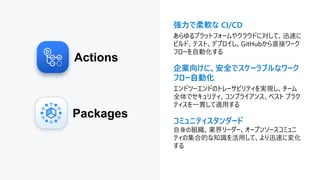 強力で柔軟な CI/CD
あらゆるプラットフォームやクラウドに対して、迅速に
ビルド、テスト、デプロイし、GitHubから直接ワーク
フローを自動化する
企業向けに、安全でスケーラブルなワーク
フロー自動化
エンドツーエンドのトレーサビリティを実現し、チーム
全体でセキュリティ、コンプライアンス、ベスト プラク
ティスを一貫して適用する
コミュニティスタンダード
自身の組織、業界リーダー、オープンソースコミュニ
ティの集合的な知識を活用して、より迅速に変化
する
Actions
Packages
 