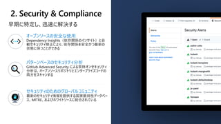 オープンソースの安全な使用
Dependency Insights（依存関係のインサイト）と自
動セキュリティ修正により、依存関係を安全かつ最新の
状態に保つことができる
パターンベースのセキュリティ分析
GitHub Advanced Security による常時オンセキュリティ
分析は、オープンソースリポジトリとエンタープライズコードの
両方をスキャンする
セキュリティのためのグローバルコミュニティ
最新のセキュリティ情報を提供する国家脆弱性データベー
ス、MITRE、およびホワイトソースに統合されている
早期に特定し、迅速に解決する
 