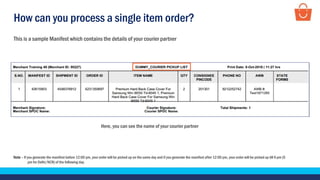 How can you process a single item order?
This is a sample Manifest which contains the details of your courier partner
Here, you can see the name of your courier partner
Note – If you generate the manifest before 12:00 pm, your order will be picked up on the same day and if you generate the manifest after 12:00 pm, your order will be picked up till 6 pm (5
pm for Delhi/NCR) of the following day.
 
