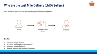 Who are the Last Mile Delivery (LMD) Sellers?
LMD sellers are those who use end-to-end logistic services of Paytm Mall
Benefits:
• Flat courier charges Pan India
• No hassles of tracking the status of delivery
• Automated and timely payouts
• Networks providing large coverage of pin codes
SELLER CUSTOMERPaytm Mall Courier
partner
 