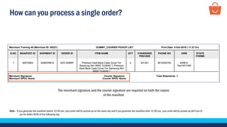 How can you process a single order?
The merchant signature and the courier signature are required on both the copies
of the manifest
Note – If you generate the manifest before 12:00 pm, your order will be picked up on the same day and if you generate the manifest after 12:00 pm, your order will be picked up till 6 pm (5
pm for Delhi/NCR) of the following day.
 