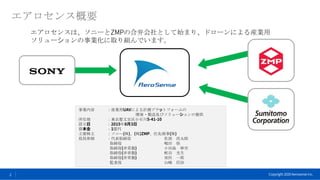 Copyright 2020 Aerosense Inc.2
事業内容 ：産業用UAVによる計測プラットフォームの
開発・製造及びソリューションの提供
所在地 ：東京都文京区小石川5-41-10
設立日 ：2015年8月3日
資本金 ：1億円
...