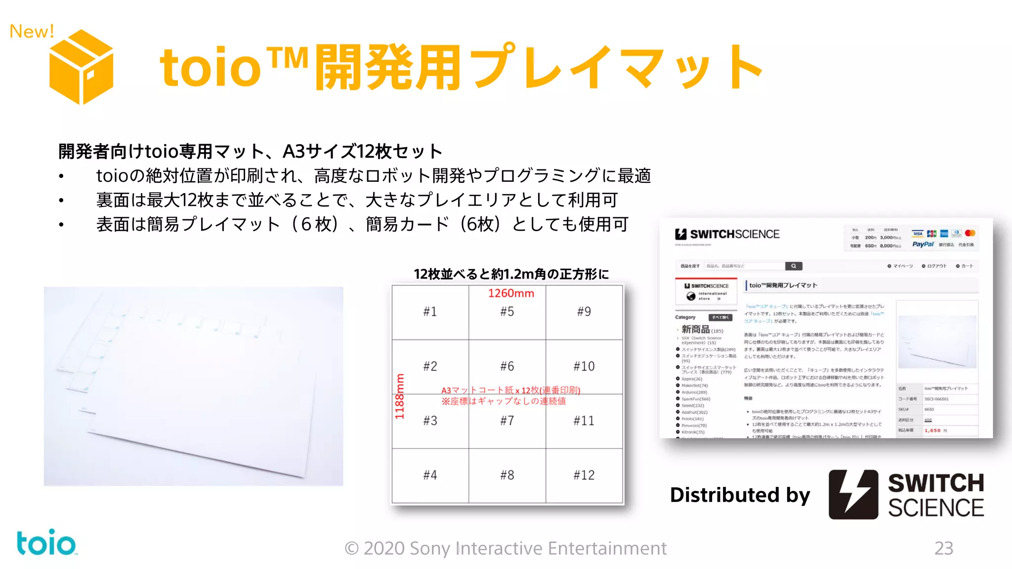 toio™開発用プレイマット
© 2020 Sony Interactive Entertainment 23
開発者向けtoio専⽤マット、A3サイズ12枚セット
• toioの絶対位置が印刷され、高度なロボット開発やプログラミングに最適
• 裏面は最⼤12枚まで並べることで、⼤きなプレイエリアとして利⽤可
• 表⾯は簡易プレイマット（６枚）、簡易カード（6枚）としても使⽤可
Distributed by
12枚並べると約1.2ｍ角の正方形に
New!
 