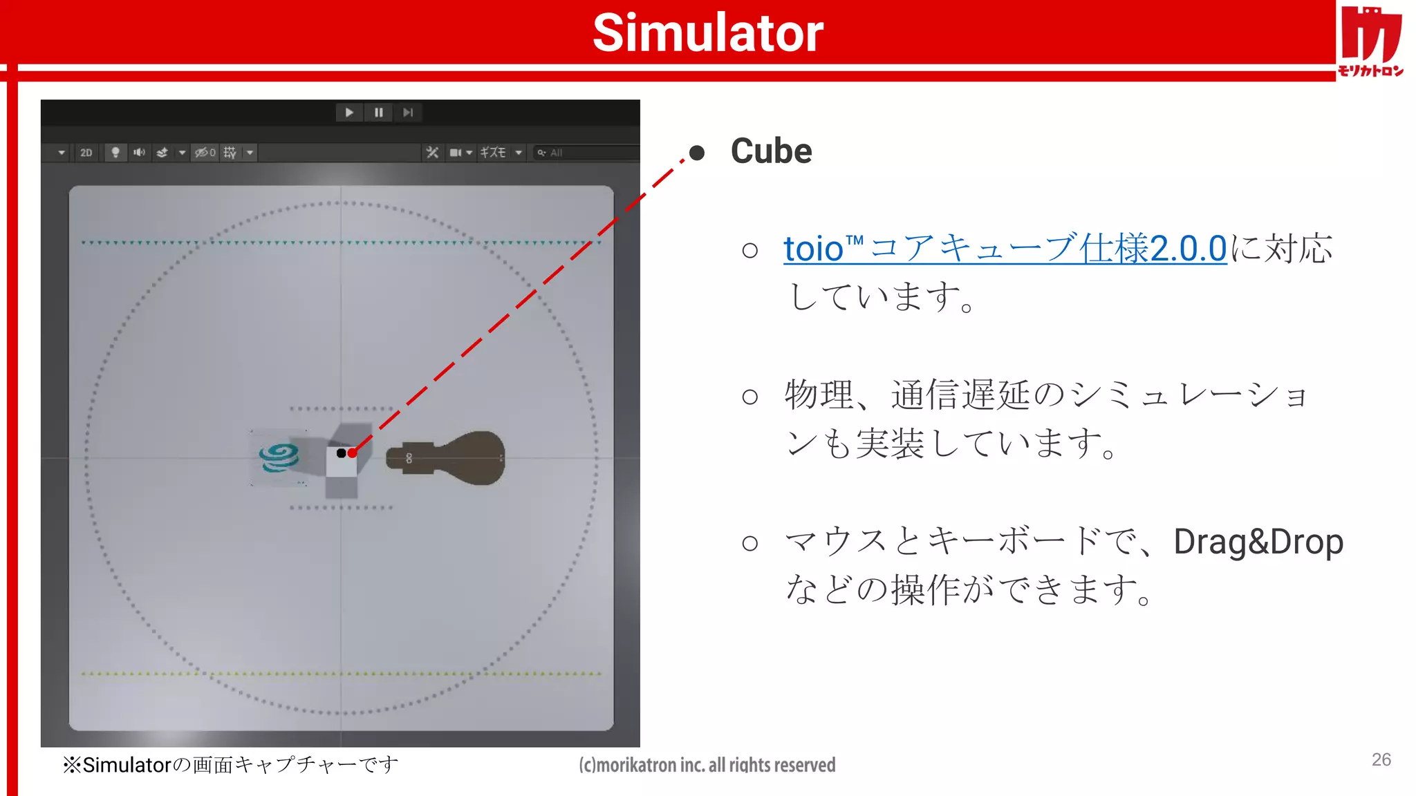 Simulator
26
● Cube
○ toio™コアキューブ仕様2.0.0に対応
しています。
○ 物理、通信遅延のシミュレーショ
ンも実装しています。
○ マウスとキーボードで、Drag&Drop
などの操作ができます。
※Simulatorの画面キャプチャーです
 
