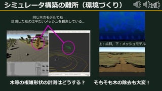 12シミュレータ構築の難所（環境づくり）
木等の複雑形状の計測はどうする？ そもそも木の除去も大変！
上：点群，下：メッシュモデル
同じ木のモデルでも
計測したものは平たいメッシュを観測している…
 