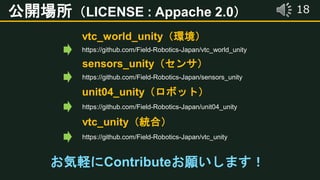 18
https://github.com/Field-Robotics-Japan/vtc_world_unity
vtc_world_unity（環境）
sensors_unity（センサ）
https://github.com/Field-Robotics-Japan/sensors_unity
unit04_unity（ロボット）
https://github.com/Field-Robotics-Japan/unit04_unity
vtc_unity（統合）
https://github.com/Field-Robotics-Japan/vtc_unity
お気軽にContributeお願いします！
公開場所（LICENSE : Appache 2.0）
 