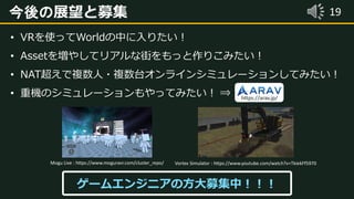 19今後の展望と募集
• VRを使ってWorldの中に入りたい！
• Assetを増やしてリアルな街をもっと作りこみたい！
• NAT超えで複数人・複数台オンラインシミュレーションしてみたい！
• 重機のシミュレーションもやってみたい！ ⇒
ゲームエンジニアの方大募集中！！！
https://arav.jp/
Vortex Simulator : https://www.youtube.com/watch?v=TkiekFf5970Mogu Live : https://www.moguravr.com/cluster_repo/
 